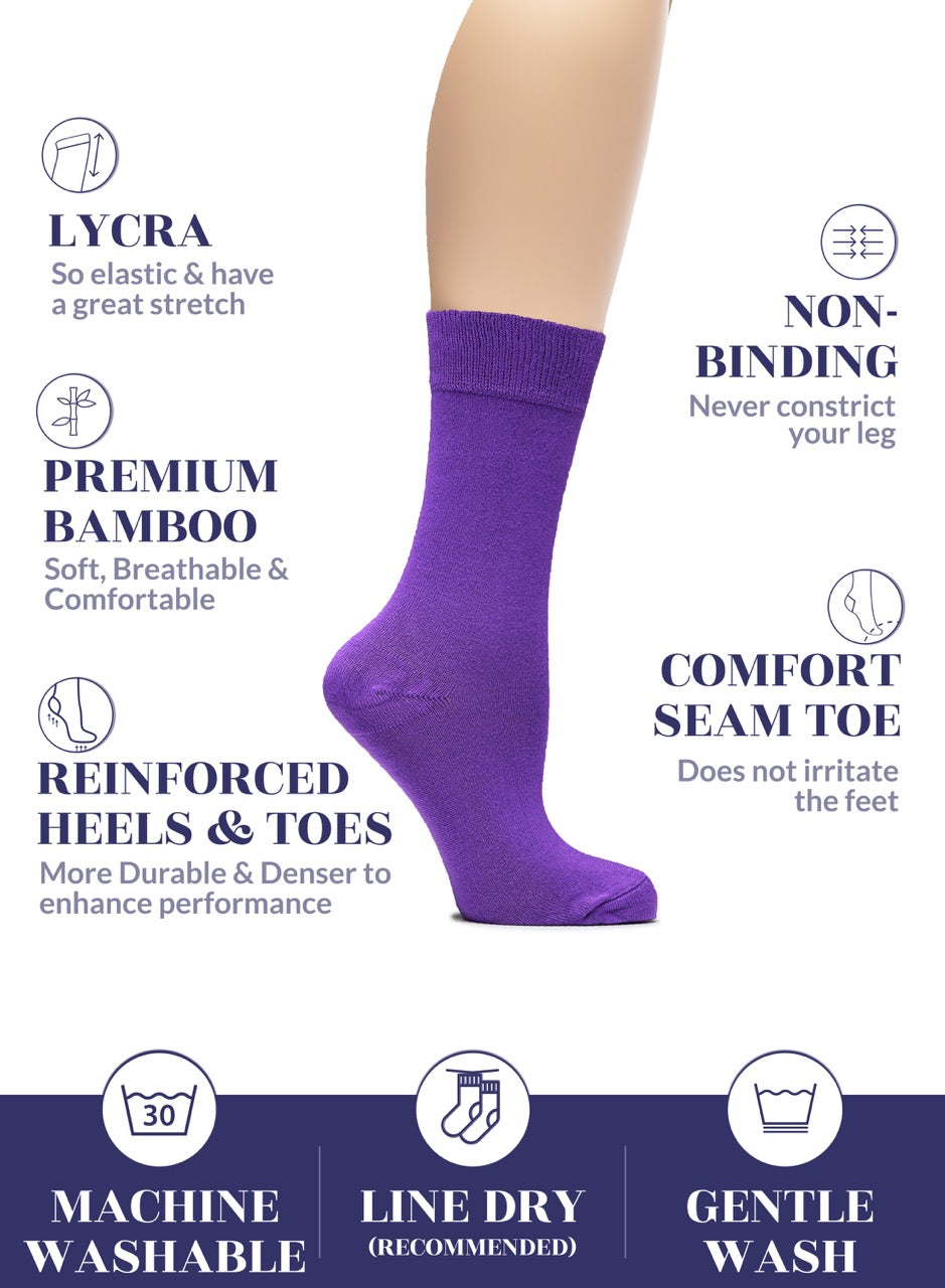 Purple sock on a leg with text highlighting features on a white background